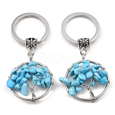 Synthetic Turquoise Flat Round with Tree of Life Pendant Keychain KEYC-E023-03O-1