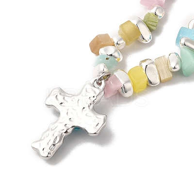 Alloy Glass Cross Pendant Necklace with Cat Eye Chips Beaded Chains NJEW-Q001-02P-1