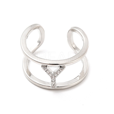 Clear Cubic Zirconia Initial Letter Open Cuff Ring RJEW-A012-01P-Y-1