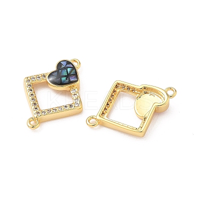Brass Micro Pave Clear Cubic Zirconia & Shell Rhombus with Heart Connector Charms KK-I357-02G-1