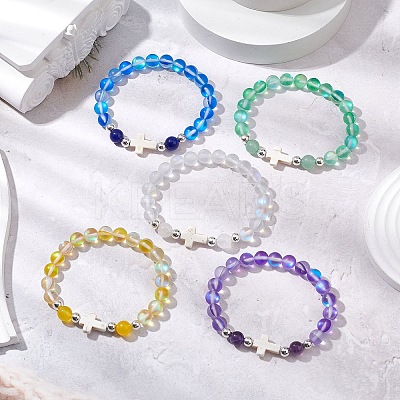 Synthetic Moonstone Beads Stretch Bracelets for Women Men BJEW-JB11376-1