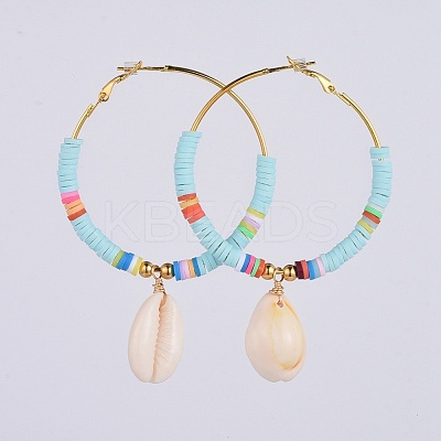 Brass Heishi Beaded Hoop Earrings EJEW-JE03462-1