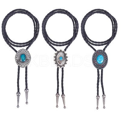 3Pcs 3 Styles Alloy Pave Resin Imitation Gemstone Flower Oval Pendant Bolo Tie Lariat Necklaces NJEW-CL0001-10-1