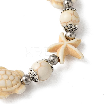 2Pcs 2 Colors Starfish & Turtle Dyed Synthetic Turquoise Beaded Stretch Bracelet Sets BJEW-JB10925-1