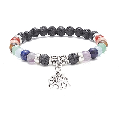 Natural Mixed Gemstone Round Beaded Stretch Bracelets with Alloy Charms BJEW-JB09403-1
