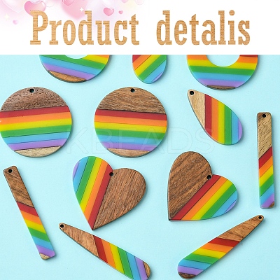 12Pcs 6 Styles Pride Rainbow Theme Resin & Walnut Wood Pendants WOOD-FS0001-32-1