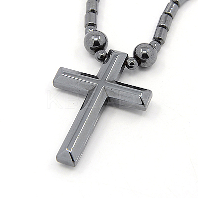 Mens Saint Cross Magnetic Synthetic Hematite Pendant Necklaces NJEW-F026-12-1
