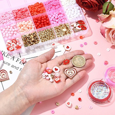 Valentine's Day DIY Polymer Clay Beads & Alloy Enamel Charm Stretch Bracelets Making Kits DIY-YW0012-66-1