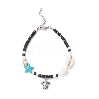 2Pcs 2 Styles Summer Beach Synthetic Turquoise Starfish & Natural Cowrie Shell & Glass Seed Round Beaded Alloy Turtle Charm Anklets AJEW-TA00038-1