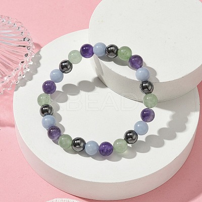 Synthetic Non-Magnetic Hematite & Natural Green Aventurine & Natural Amethyst & Natural Angelite Round Beaded Stretch Bracelets BJEW-JB10910-08-1