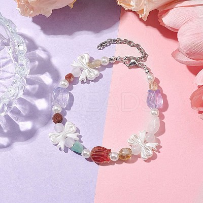 Natural Gemstone & Plastic Pearl Beaded Bracelets BJEW-JB10362-1