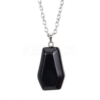 Natural Obsidian Halloween Coffin Pendant Necklace with Platinum Alloy Chains PW-WG29489-06-1
