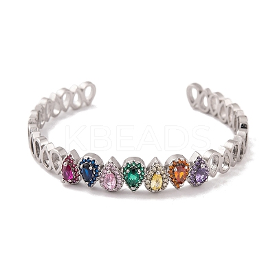Brass Pave Colorful Cubic Zirconia Open Cuff Bangles for Women BJEW-S147-32P-B-1