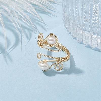 Copper Wire Wrapped Natural Cultured Freshwater Pearl Open Ring RJEW-JR00629-1