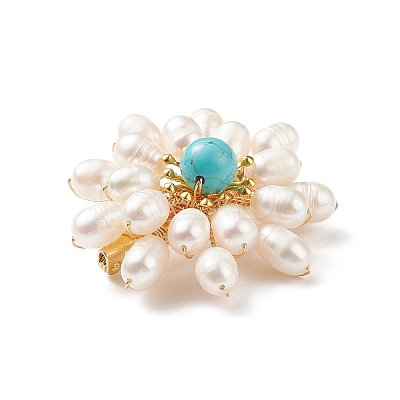 Synthetic Green Turquoise & Natural Pearl Braided Bead Flower Lapel Pin JEWB-TA00006-01-1