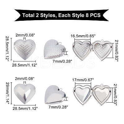 16Pcs 2 Style 316 Stainless Steel Locket Pendants STAS-DC0002-69-1