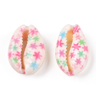 Flower Printed Cowrie Shell Beads SSHEL-ZX006-09A-1