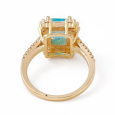 Deep Sky Blue Glass Rectangle Finger Ring with Cubic Zirconia RJEW-J017-VC500-1