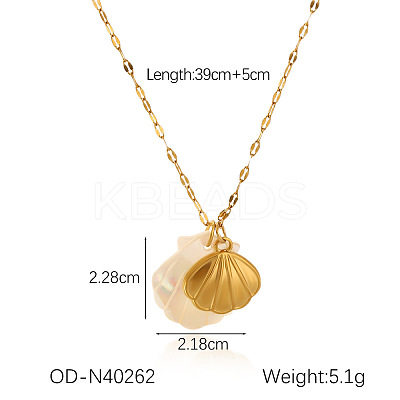 Ocean Theme Natural Shell & 304 Stainless Steel Pendant Dapped Chain Necklaces for Women FS-WG58500-09-1
