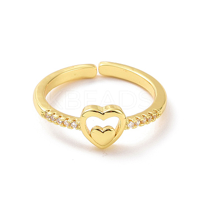Clear Cubic Zirconia Double Heart Open Cuff Ring RJEW-H127-30G-1