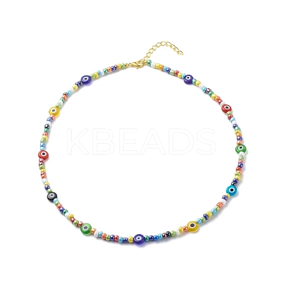 Lampwork Evil Eye & Glass Seed Beaded Necklace Stretch Bracelet SJEW-JS01246-1