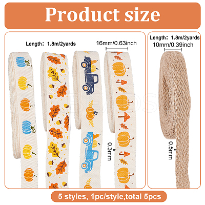 10 Yards 5 Styles Autumn Theme Printed Cotton & Burlap Ribbons OCOR-BC0005-44-1