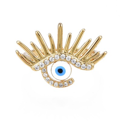 Clear Cubic Zirconia Evil Eye Wide Open Cuff Ring with Enamel for Women RJEW-N035-098C-1