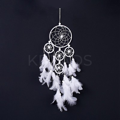 Native Style Five Rings Woven Net/Web with Feather Wall Hanging Decoration HJEW-A002-02-1