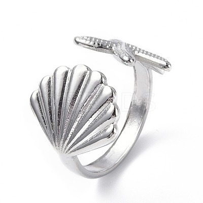 304 Stainless Steel Shell with Starfish Open Cuff Ring for Women RJEW-C046-03P-1