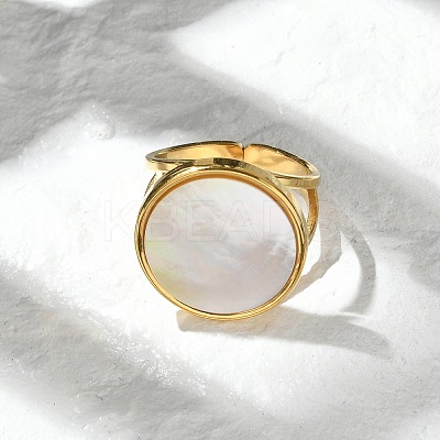 Flat Round 304 Stainless Steel White Shell Cuff Rings for Women RJEW-G346-02G-02-1