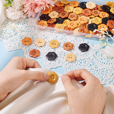 90Pcs 6 Colors 2-Hole Wood Flower Buttons BUTT-TA0001-40D-1