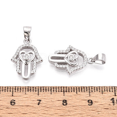 925 Sterling Silver Micro Pave Clear Cubic Zirconia Heart Hamsa Hand Pendants STER-N016-100P-1