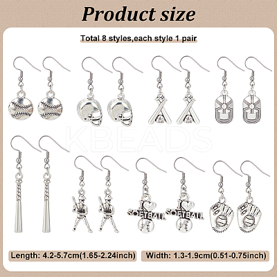 8 Pairs 8 Style Softball Sport Theme Alloy Dangle Earrings EJEW-AN0003-21-1