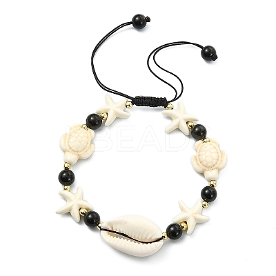 2Pcs Natural Cowrie Shell & Black Tourmaline & Malaysia Jade Beads & Synthetic Turquoise Beaded Adjustable Bracelets Set for Women BJEW-JB13917-1