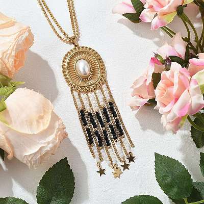 Bohemian 304 Stainless Steel & Imitation Pearl Oval Pendant Necklaces NJEW-Z061-10G-02-1