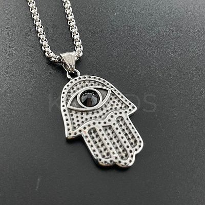 Retro Punk Style 304 Stainless Steel Jet Rhinestone Hamsa Hand Pendant Necklaces for Hip-hop Fashion Men JT3718-1