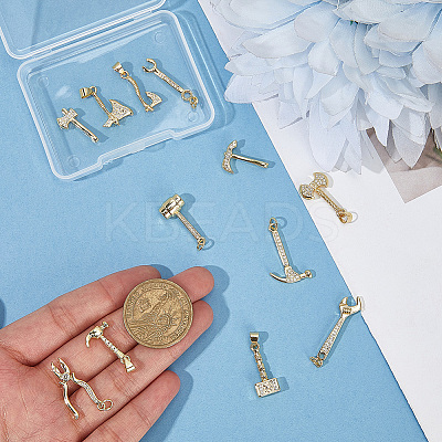12Pcs 12 Styles Rack Plating Brass Micro Pave Clear Cubic Zirconia Tool Pendants KK-BBC0021-90-1
