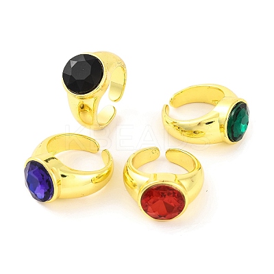 Brass Glass Round Wide Open Cuff Ring for Women RJEW-U003-19-1