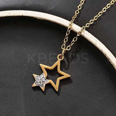 304 Stainless Steel Crystal Rhinestone Double Star Pendant Cable Chain Necklaces NJEW-Z056-02A-G-1