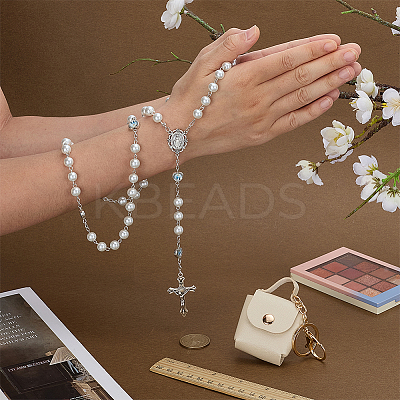 1Pc Jesus Cross Virgin Zinc Alloy Pendant White Glass Pearl Round Rosary Bead Necklaces for Women Men NJEW-FG0001-22-1