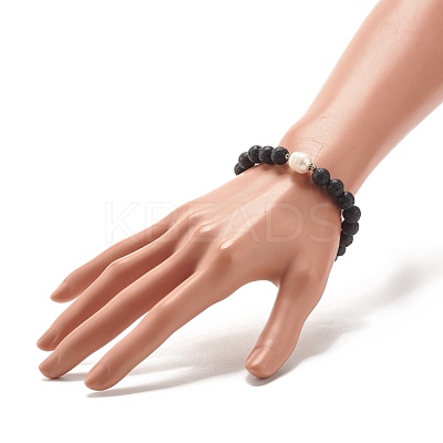 Natural Pearl & Lava Rock Beaded Stretch Bracelet BJEW-JB07760-1
