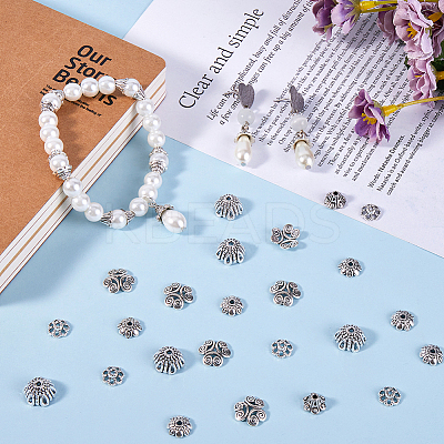 240Pcs 8 Styles Tibetan Style Alloy Flower Beads Caps FIND-SP0001-66-1