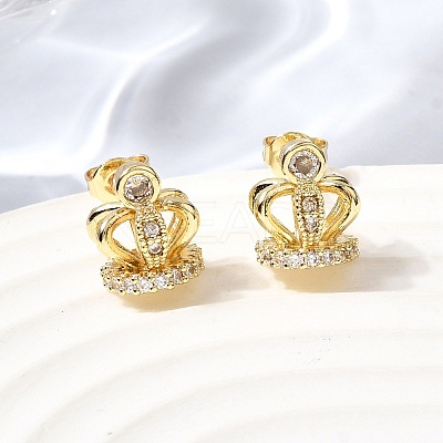 Crown Brass Micro Pave Clear Cubic Zirconia Stud Earrings for Women EJEW-G460-04G-1