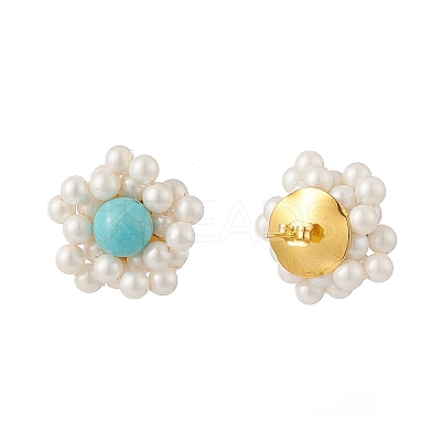 Synthetic Green Turquoise & Shell Pearl Braided Flower Stud Earrings EJEW-TA00161-1