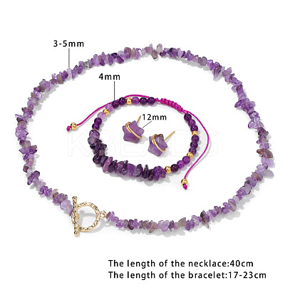 Naturl Amethyst Chip with 304 Stainless Steel Beaded Necklace & Braided Bead Bracelet & Star Stud Earring FS-WG0BBF5-01-1