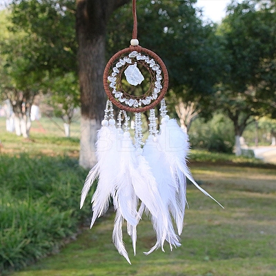 Natural Quartz Crystal Chips Woven Net/Web with Feather Pendant Decoration WICH-PW0001-39A-1