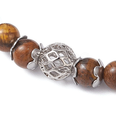 Natural Tiger Eye & Brass Round Beaded Stretch Bracelets for Women BJEW-JB12266-03-1