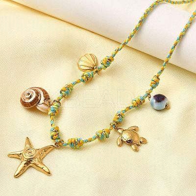 Summer Beach 304 Stainless Steel & Electroplated Natural Shell Pendant Adjustable Polyester Cord Necklaces for Women NJEW-F348-01B-G-1