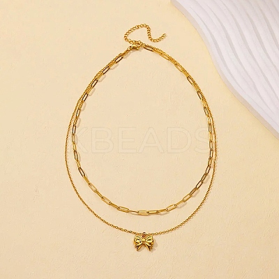 304 Stainless Steel Bowknot Pendant Necklaces NJEW-L182-001G-04-1