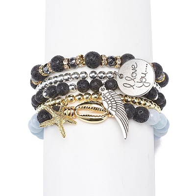 5Pcs 5 Style Natural Lava Rock & Natural Quartz & Synthetic Hematite Stretch Bracelets Set BJEW-JB08739-1